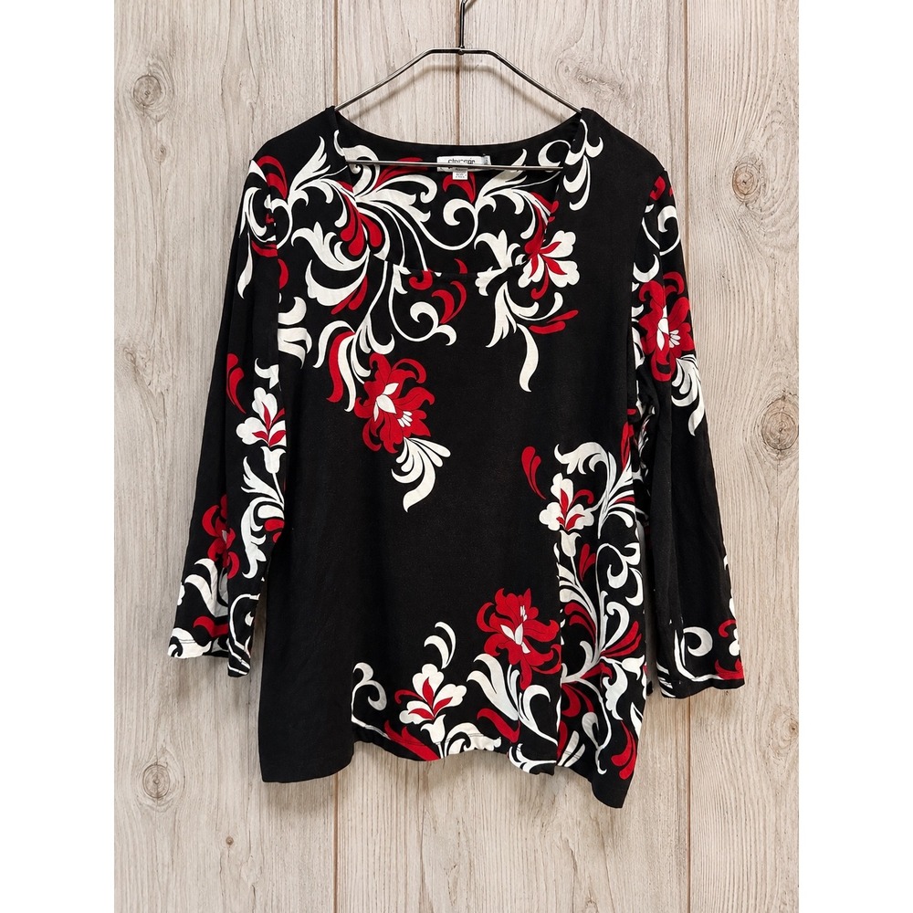 Chicos Womens Size 3 XL Black Red White Floral Scroll 3/4 Sleeve Scoop Neck Top
